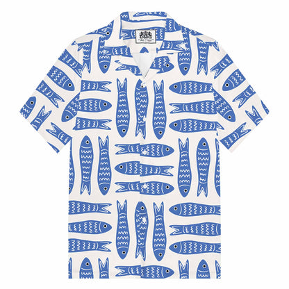 Summer Hawaiian Blue Fish Pattern Camp Collar Short Sleeve Shirt