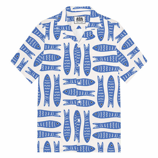 Summer Hawaiian Blue Fish Pattern Camp Collar Short Sleeve Shirt