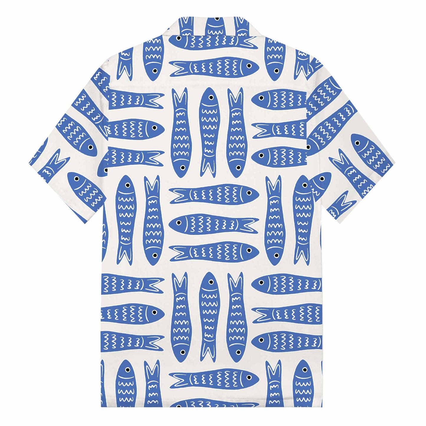 Summer Hawaiian Blue Fish Pattern Camp Collar Short Sleeve Shirt