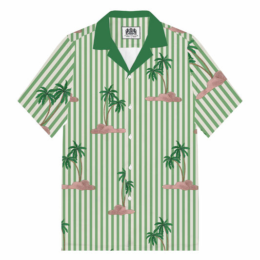 Green Striped Coconut Tree Pattern Camp Collar Short-Sleeved Shirt