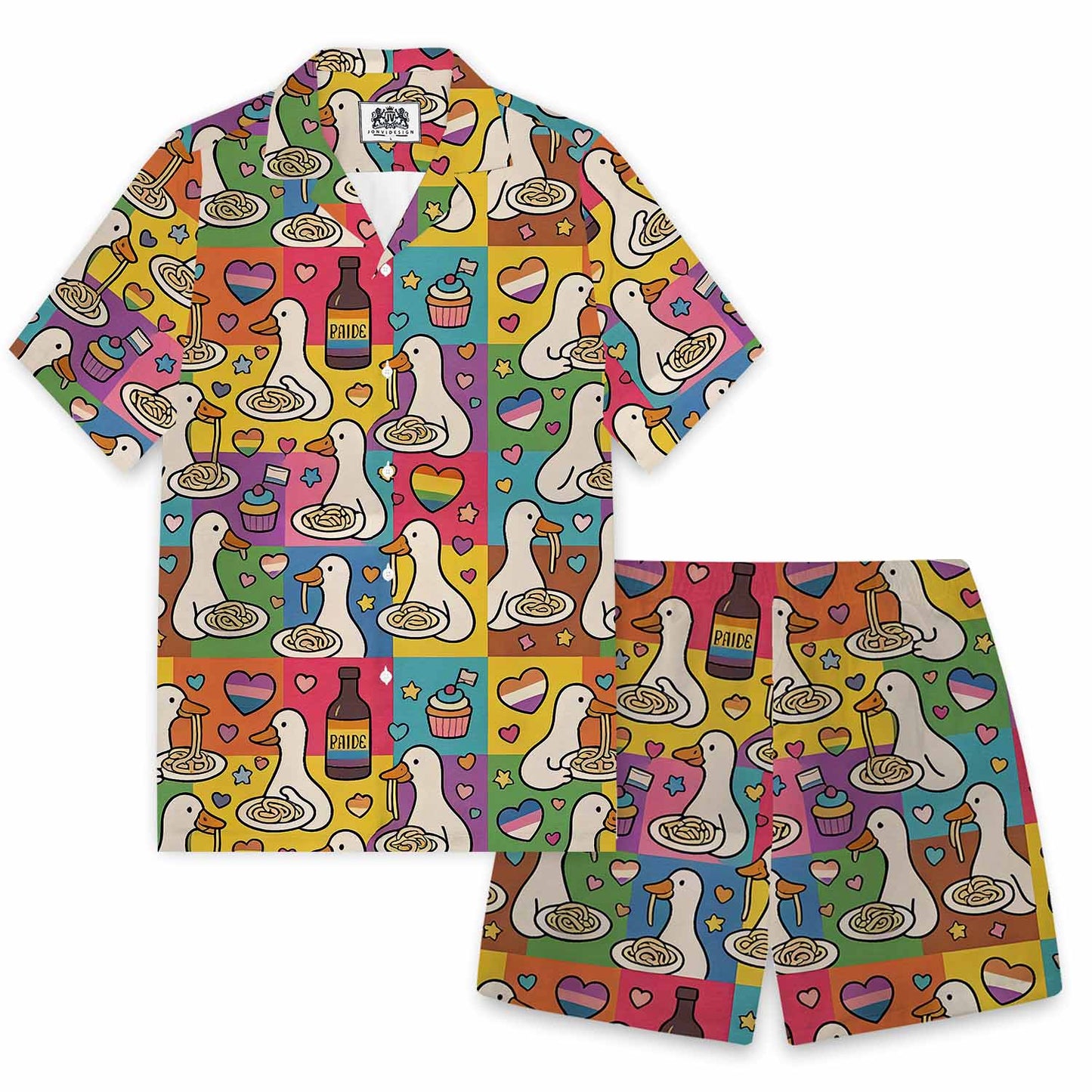 Japanese Goose Eating Spaghetti Hawaiian Camp Collar Short-Sleeved Shirt