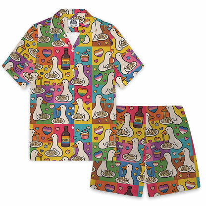 Japanese Goose Eating Spaghetti Hawaiian Camp Collar Short-Sleeved Shirt
