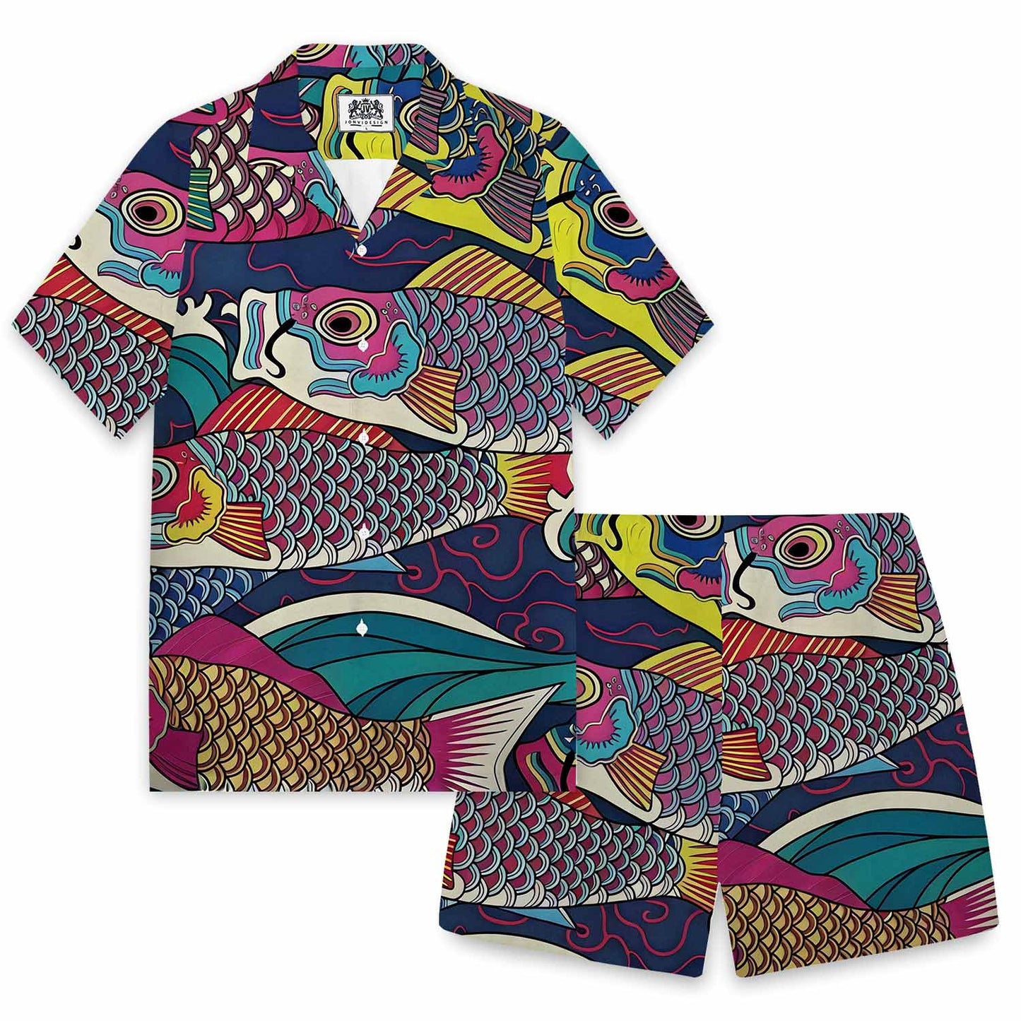 Colorful Fish Print Camp Collar Short-Sleeved Shirt