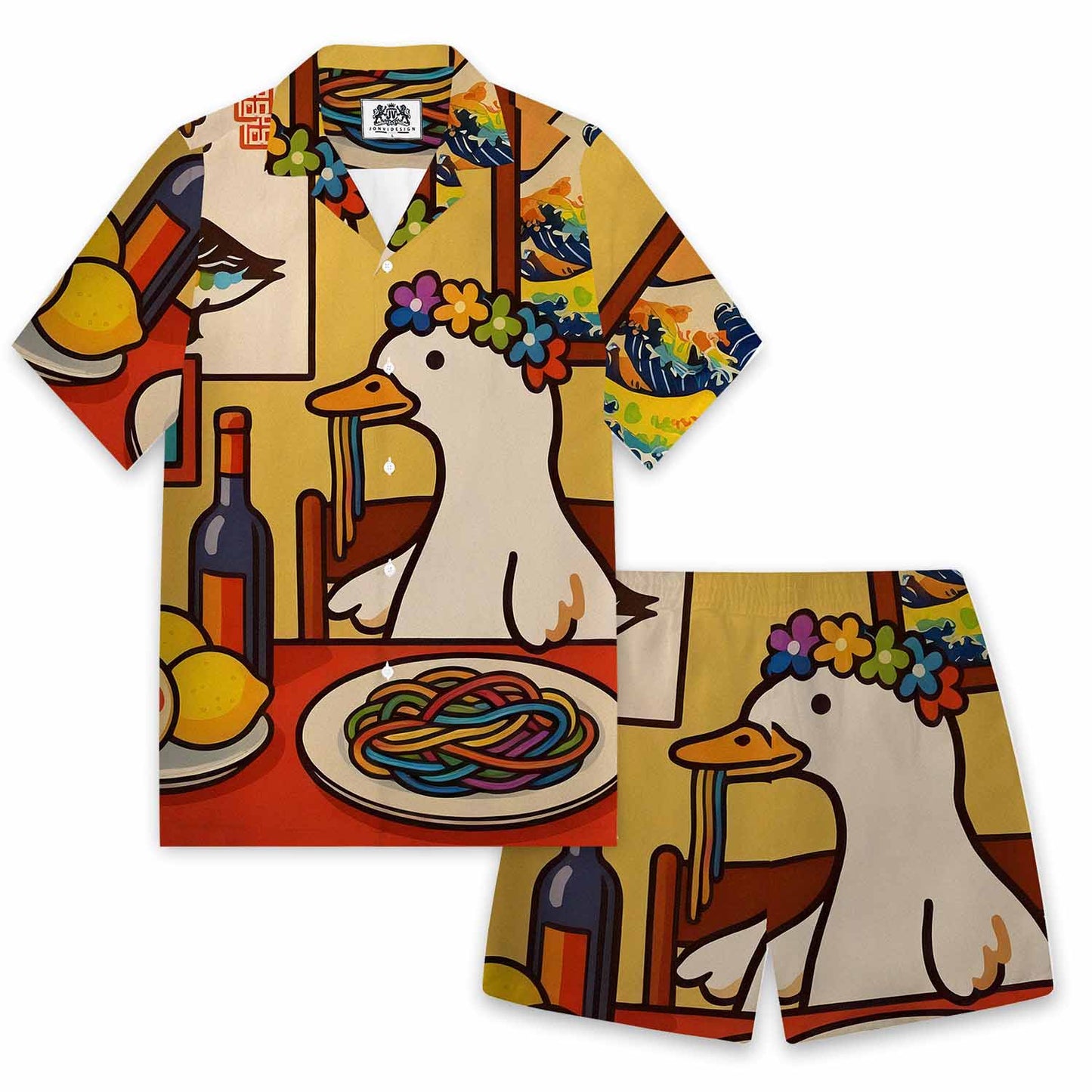 Funny Goose Eating Spaghetti Print Elastic Band Casual Shorts