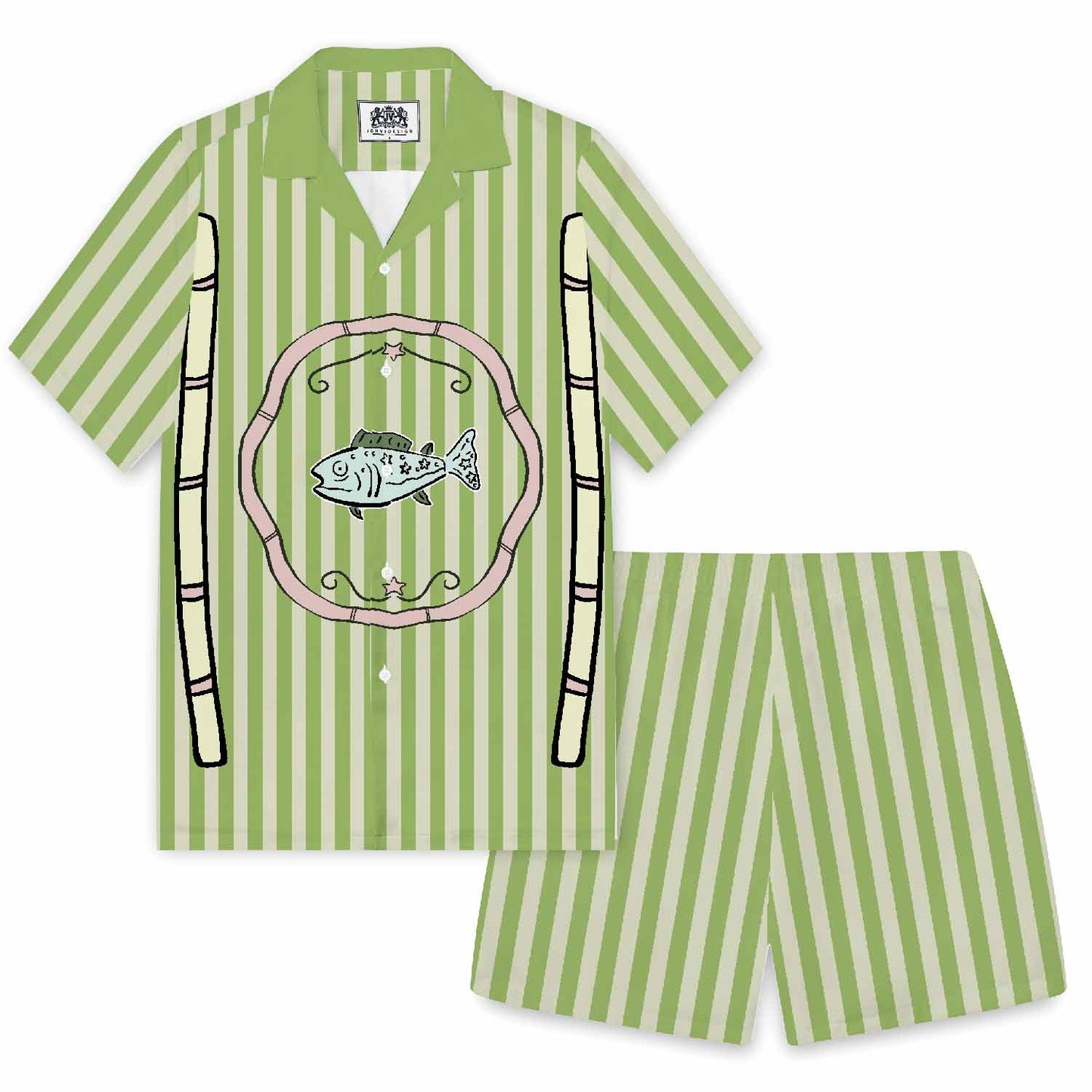 Green Vertical Stripes Fish Pattern Elastic Waistband Summer Casual Shorts