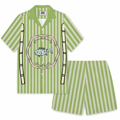 Green Vertical Stripes Fish Pattern Elastic Waistband Summer Casual Shorts