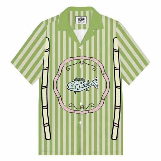 Green Vertical Stripes Fish Pattern Camp Collar Short Sleeve Shirt