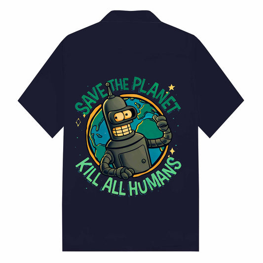 Save The Planet, Kill All Humans Print Camp Collar Short-Sleeved Shirt