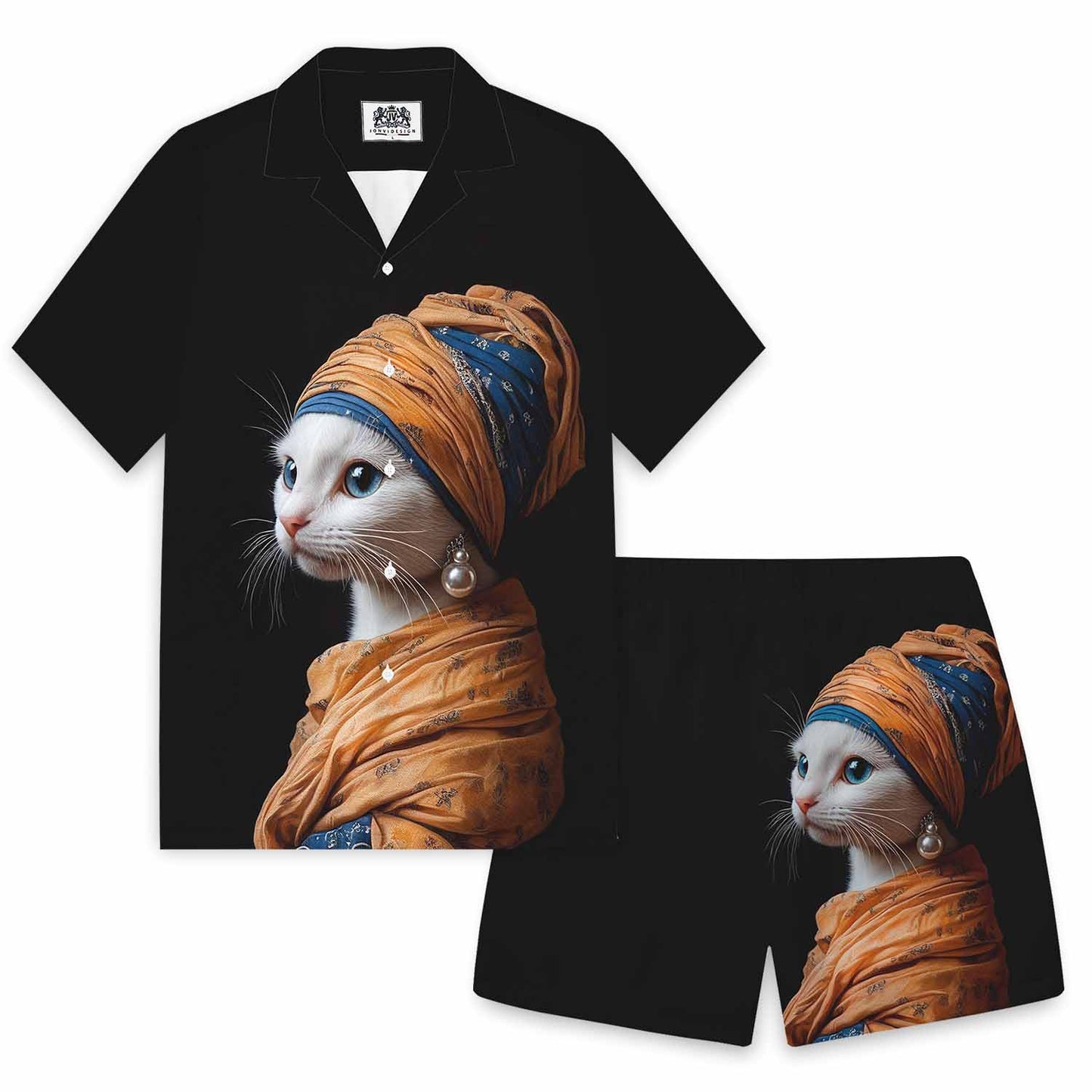 Funny Cat Girl With Pearl Earring Print Camp Collar Short-Sleeved Shirt