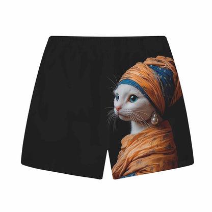 Funny Cat Girl With Pearl Earring Print Elastic Band Casual Shorts
