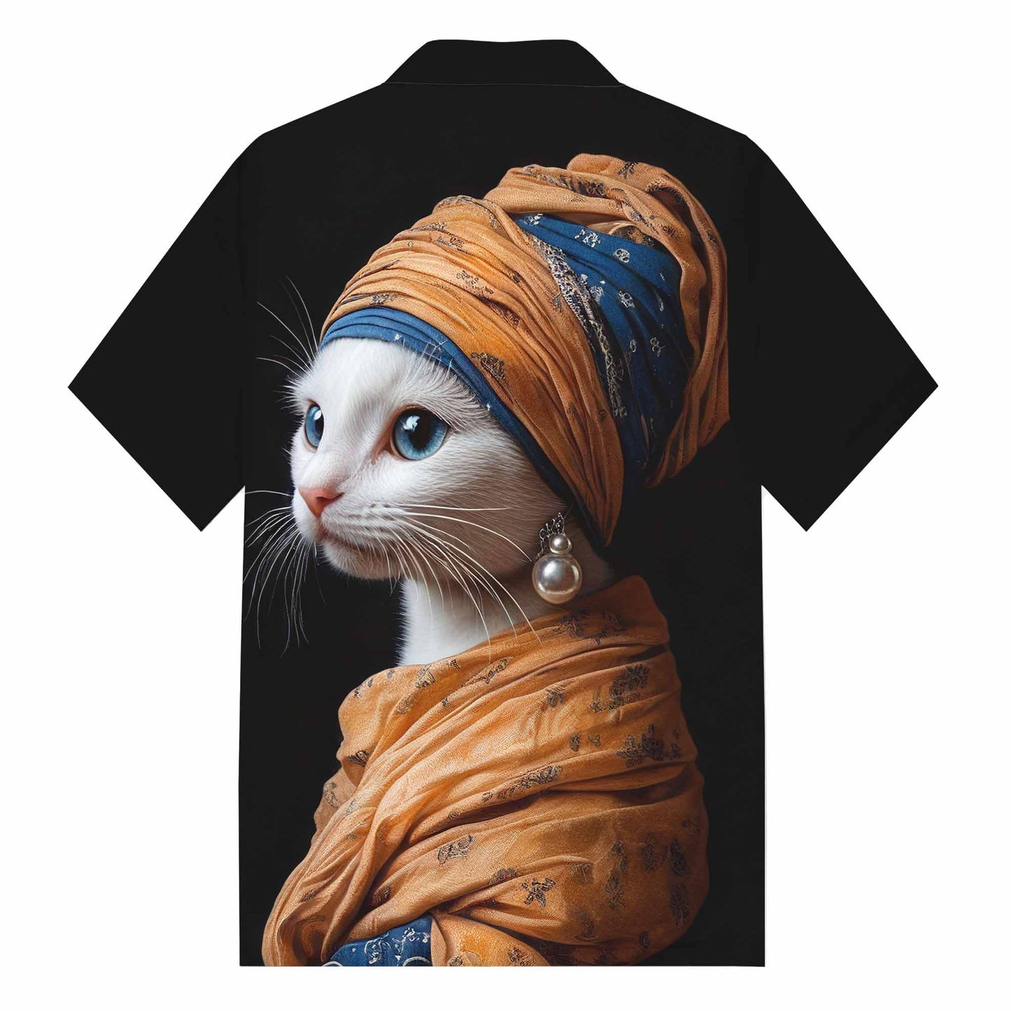 Funny Cat Girl With Pearl Earring Print Camp Collar Short-Sleeved Shirt