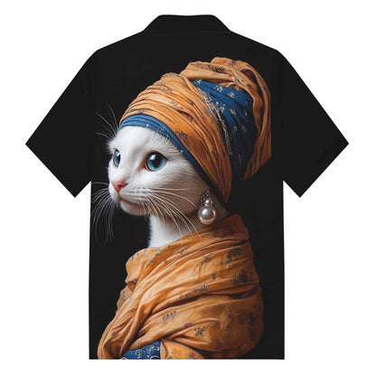 Funny Cat Girl With Pearl Earring Print Camp Collar Short-Sleeved Shirt