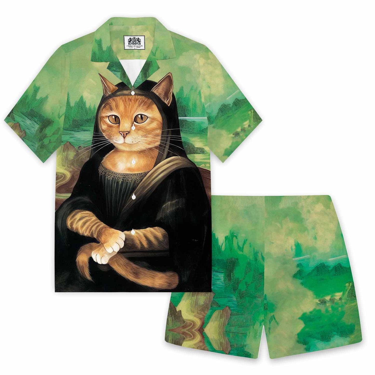Funny Cat Art Lovers Print Camp Collar Short-Sleeved Shirt