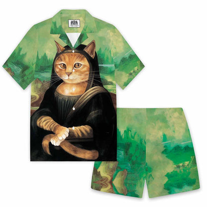 Funny Cat Art Lovers Print Camp Collar Short-Sleeved Shirt