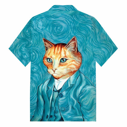 Cat Van Gogh Portrait Print Camp Collar Short-Sleeved Shirt