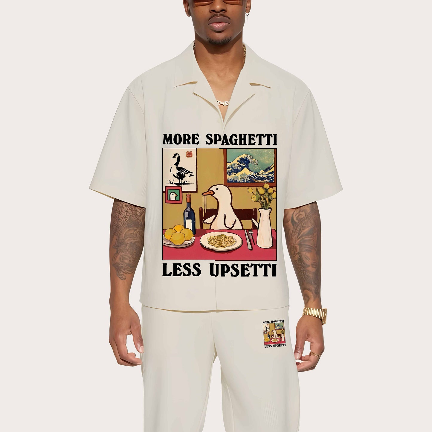 Summer More Spaghetti Less Upsetti Print Camp Collar Short-Sleeved Shirt