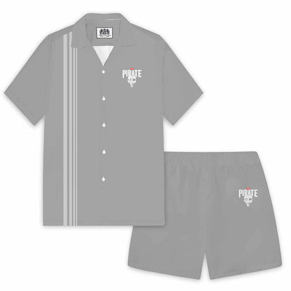 PIRATE Print Grey Camp Collar Short-Sleeved Shirt