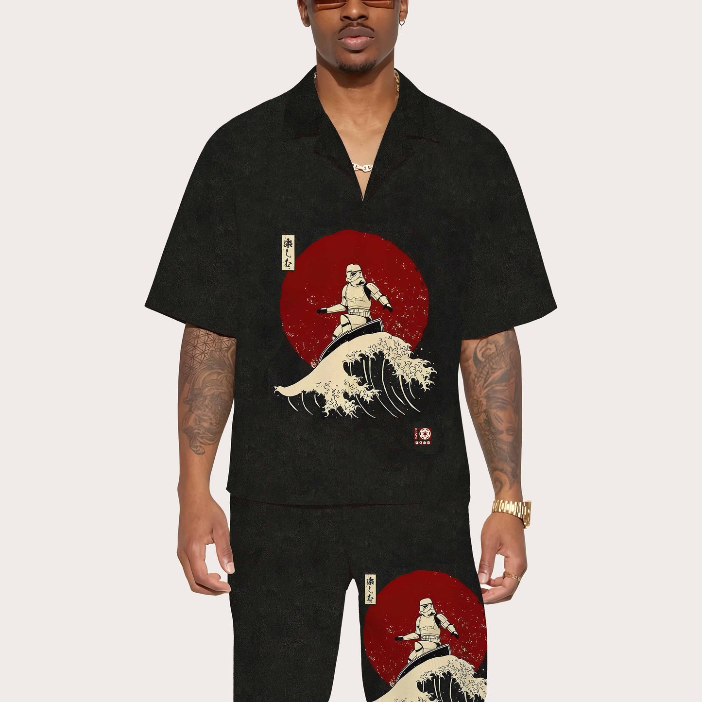 Japanese Style The Great Wave 0ff Kanagawa Print Camp Collar Short-Sleeved Shirt