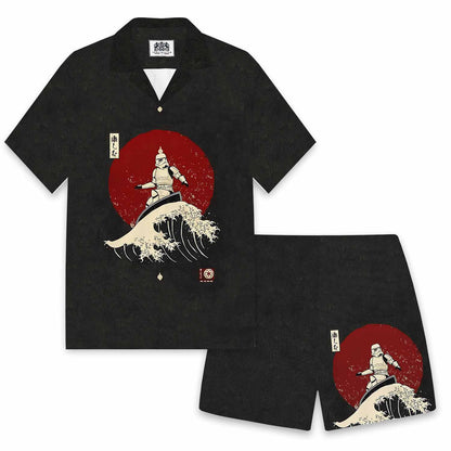 Japanese Style The Great Wave 0ff Kanagawa Print Camp Collar Short-Sleeved Shirt