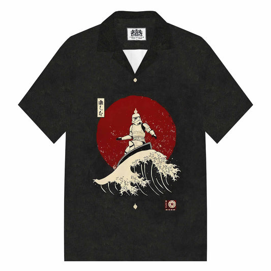Japanese Style The Great Wave 0ff Kanagawa Print Camp Collar Short-Sleeved Shirt