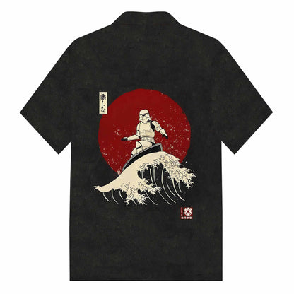 Japanese Style The Great Wave 0ff Kanagawa Print Camp Collar Short-Sleeved Shirt