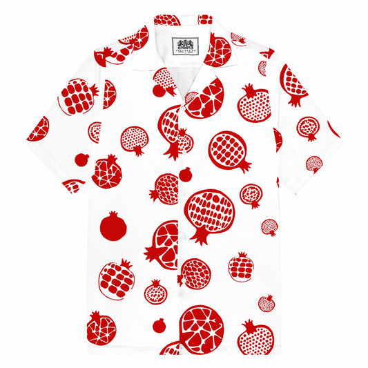 Red Pomegranate Print Pattern Camp Collar Short Sleeve Shirt