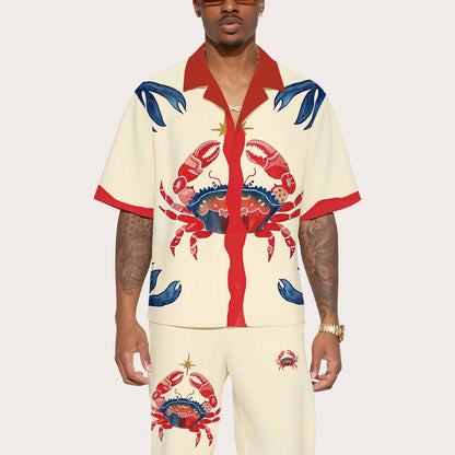 Beach Style Seafood Crab Pattern Camp Collar Short-Sleeved Shirt