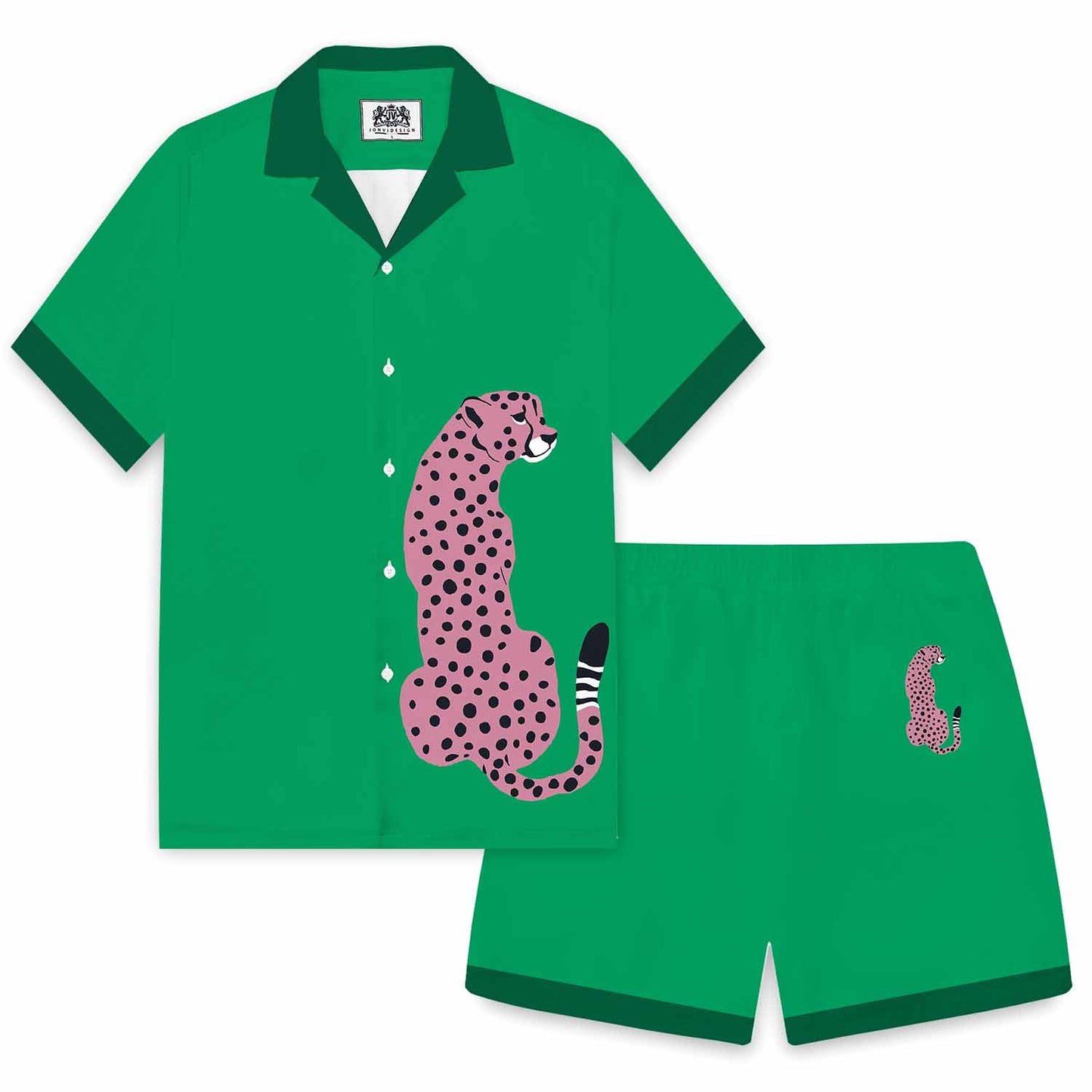 Leopard Print Green Camp Collar Short-Sleeved Shirt