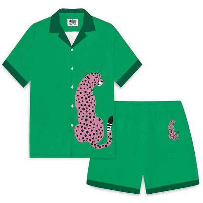 Leopard Print Green Camp Collar Short-Sleeved Shirt