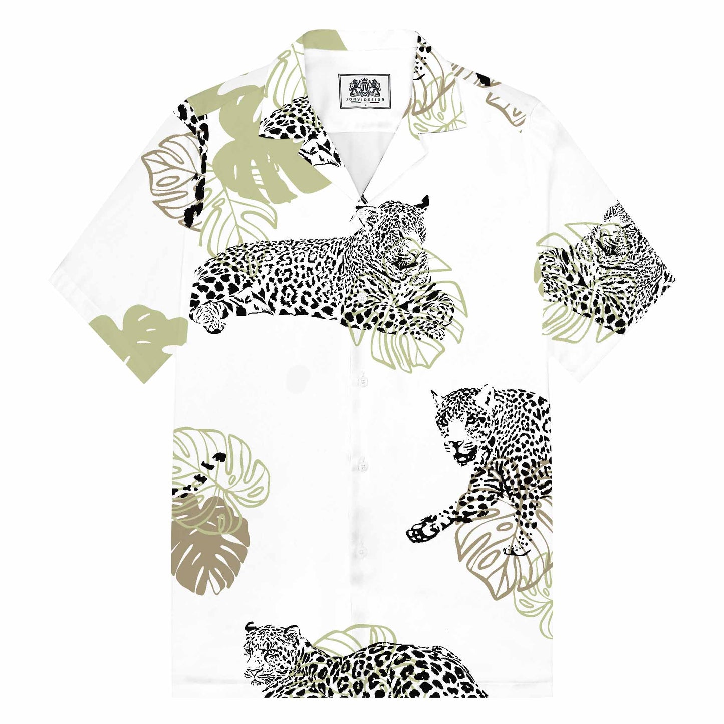 Tropical Leaves And Leopard Prints Camp Collar Short-Sleeved Shirt