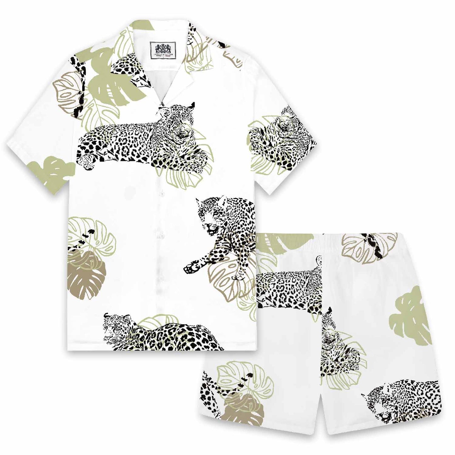 Tropical Leaves And Leopard Prints Camp Collar Short-Sleeved Shirt