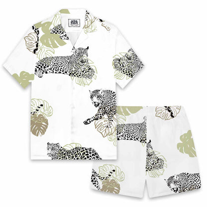 Tropical Leaves And Leopard Prints Camp Collar Short-Sleeved Shirt
