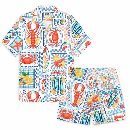 Summer Seafood Dinner Pattern Camp Collar Short-Sleeved Shirt