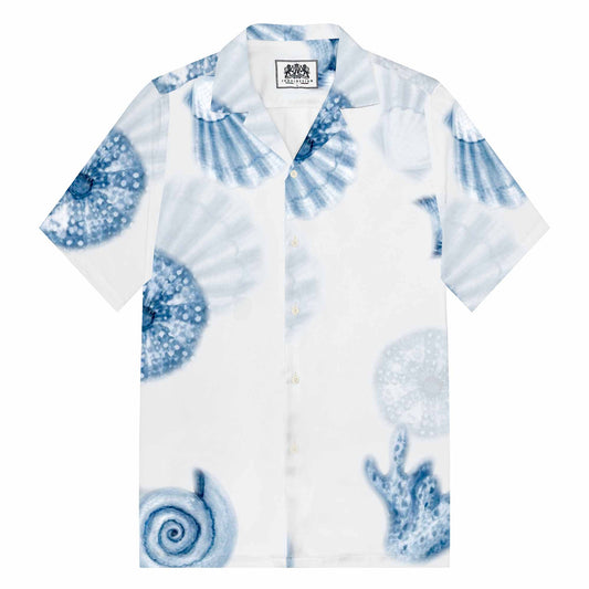 Ocean Blue Shell Print Camp Collar Short-Sleeved Shirt