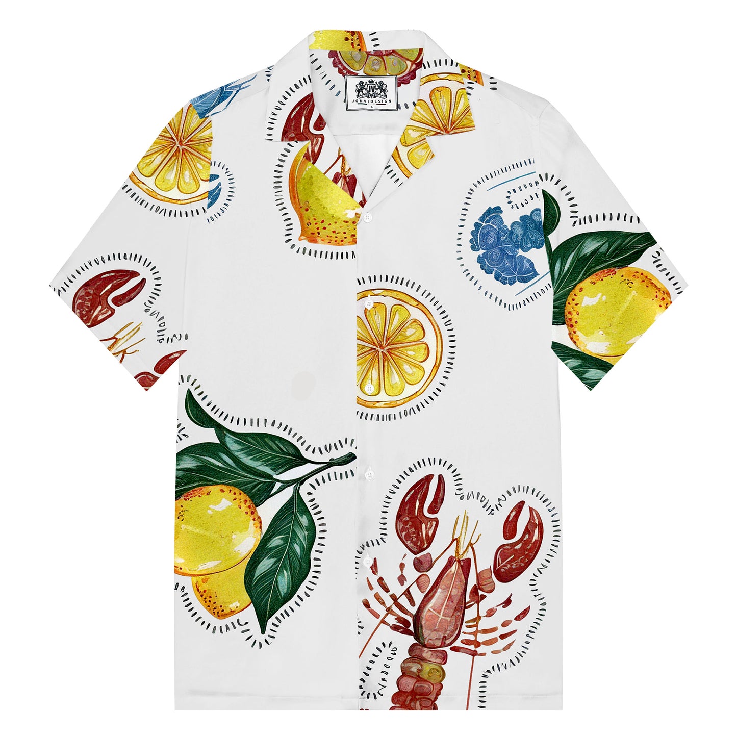 Lobster And Lemon Pattern Camp Collar Short-Sleeved Shirt