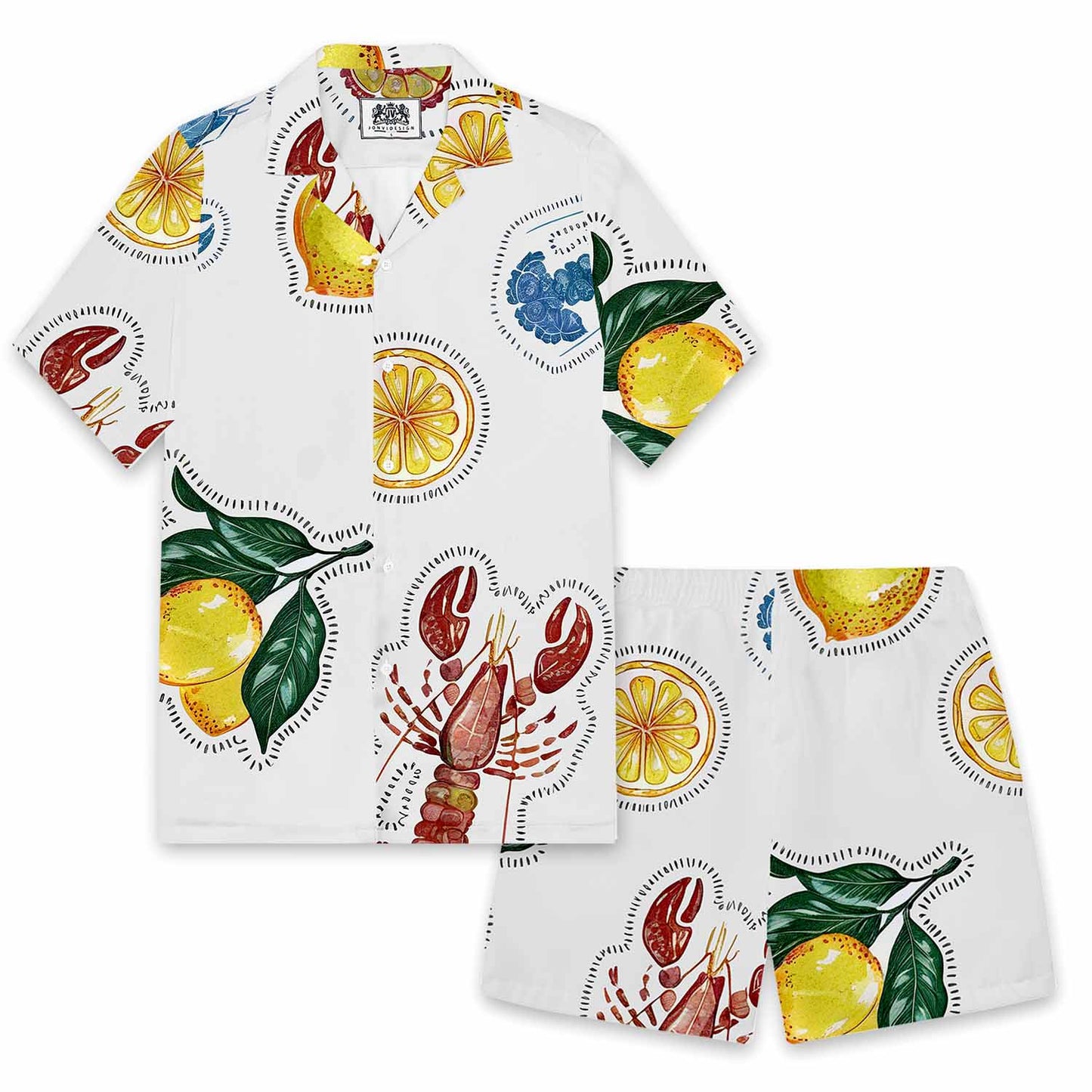 Lobster And Lemon Pattern Camp Collar Short-Sleeved Shirt