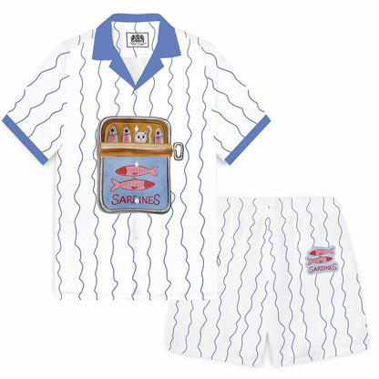 Fun Cat Fish Steak Lined Up Print Camp Collar Short-Sleeved Shirt