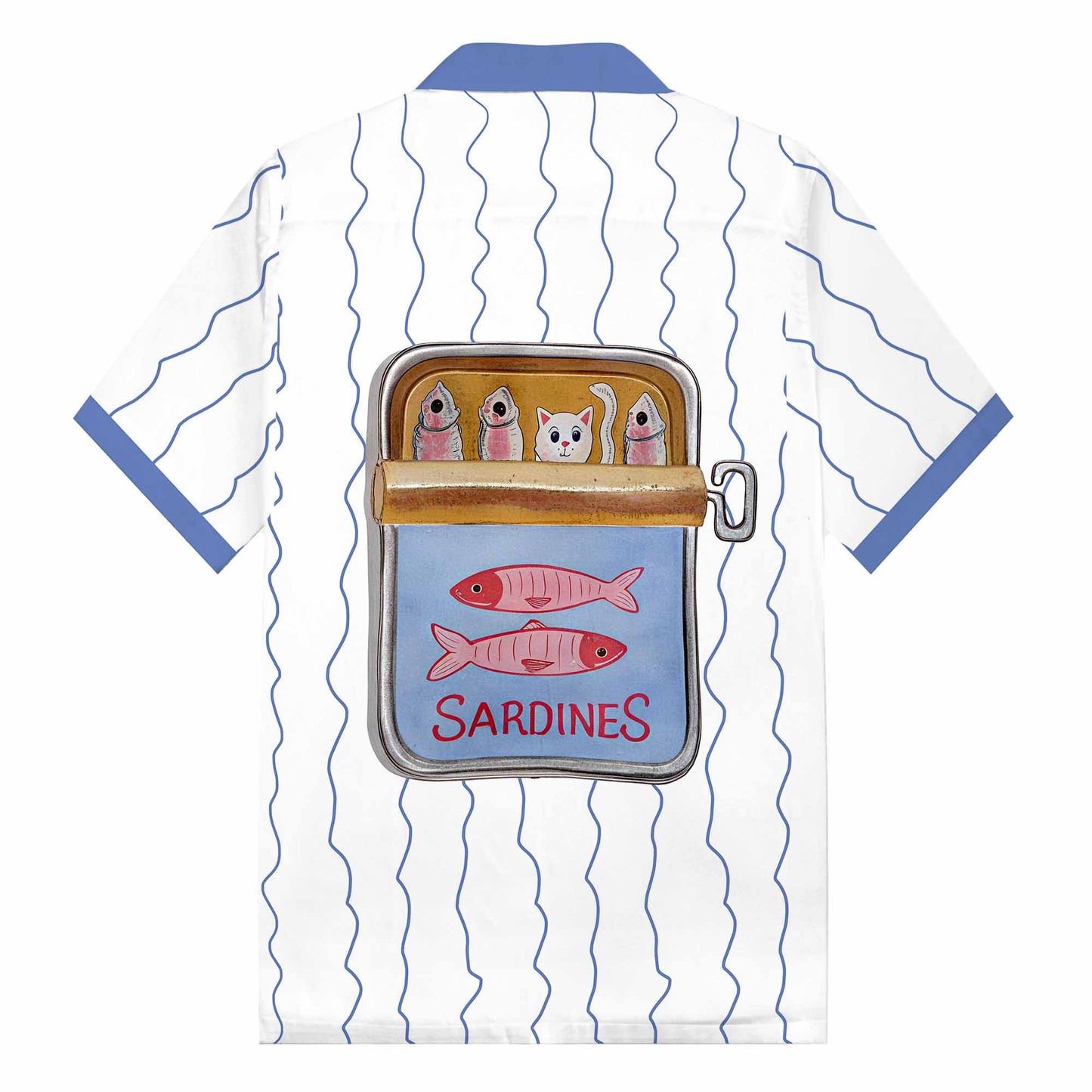 Fun Cat Fish Steak Lined Up Print Camp Collar Short-Sleeved Shirt