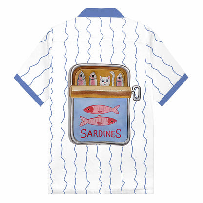 Fun Cat Fish Steak Lined Up Print Camp Collar Short-Sleeved Shirt