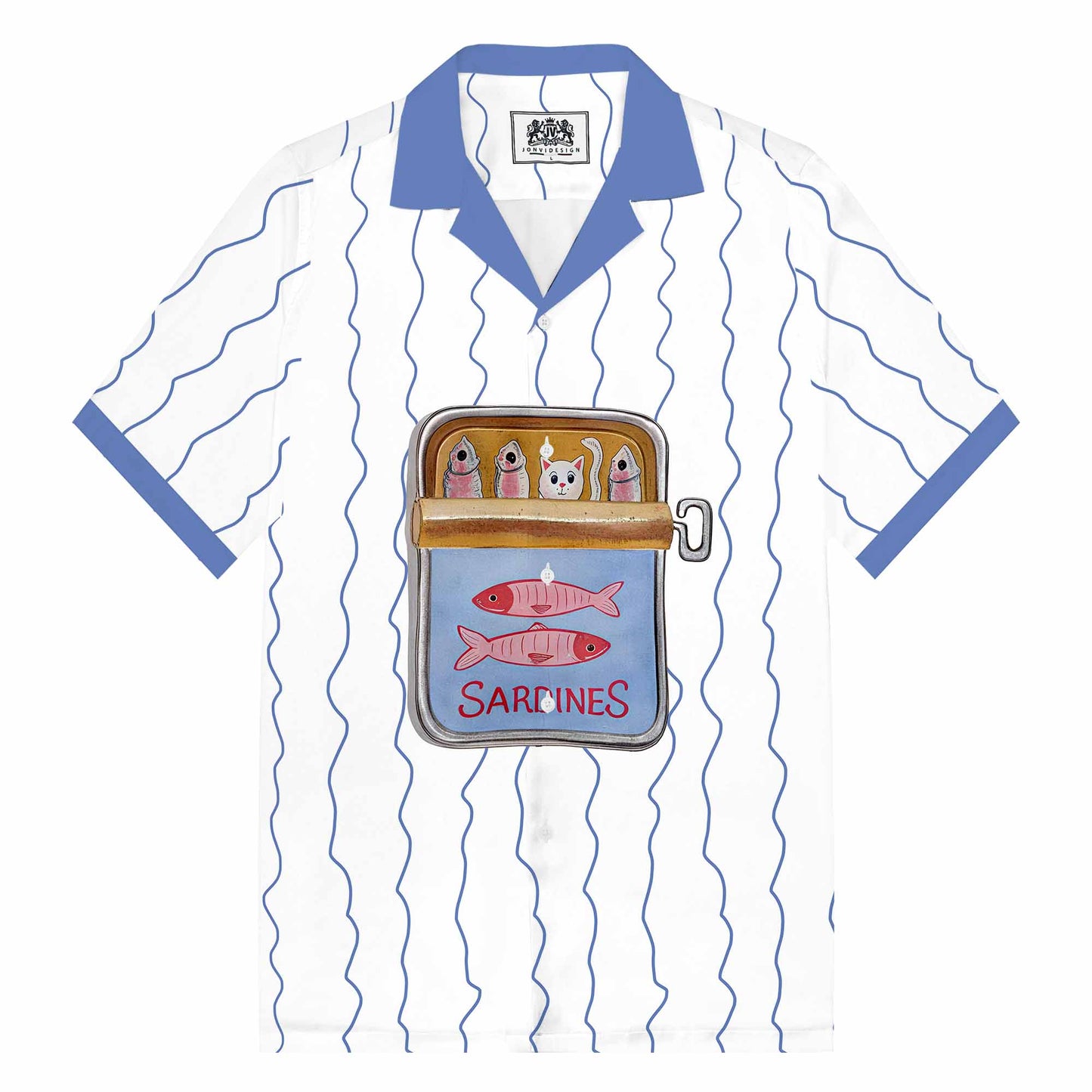 Fun Cat Fish Steak Lined Up Print Camp Collar Short-Sleeved Shirt