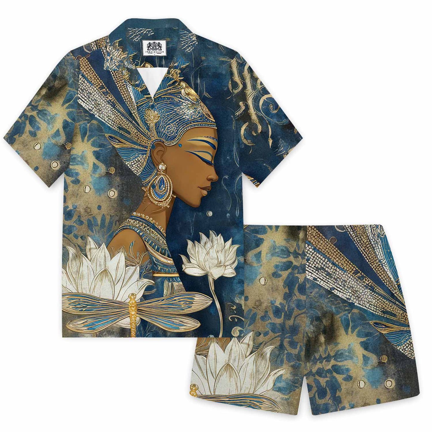 Egyptian Goddess & Dragonfly Floral Pattern Camp Collar Short Sleeve Shirt