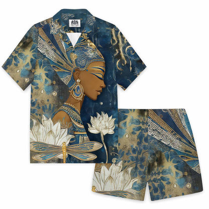 Egyptian Goddess & Dragonfly Floral Pattern Camp Collar Short Sleeve Shirt