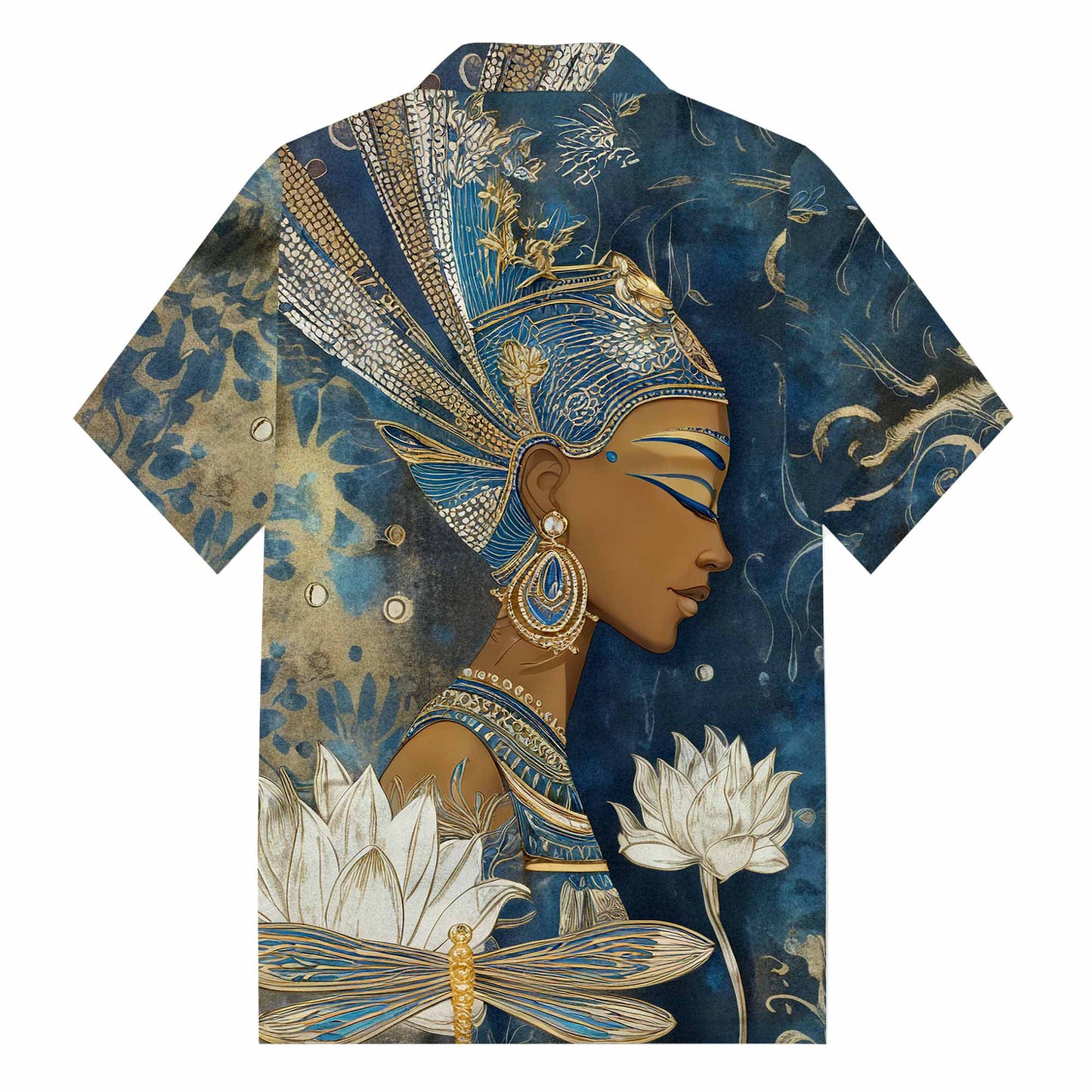 Egyptian Goddess & Dragonfly Floral Pattern Camp Collar Short Sleeve Shirt