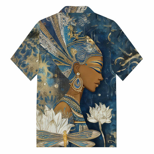 Egyptian Goddess & Dragonfly Floral Pattern Camp Collar Short Sleeve Shirt