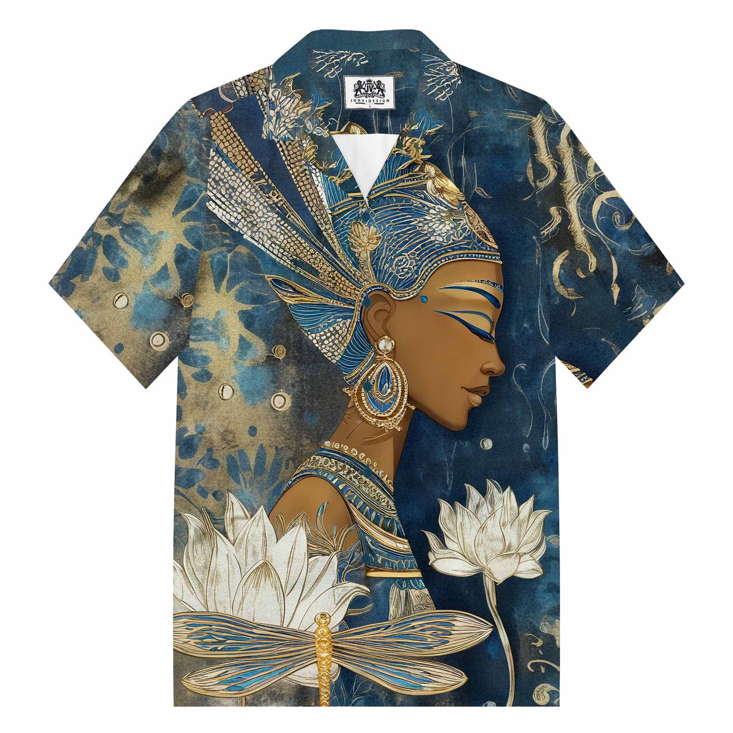 Egyptian Goddess & Dragonfly Floral Pattern Camp Collar Short Sleeve Shirt
