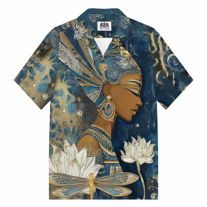 Egyptian Goddess & Dragonfly Floral Pattern Camp Collar Short Sleeve Shirt