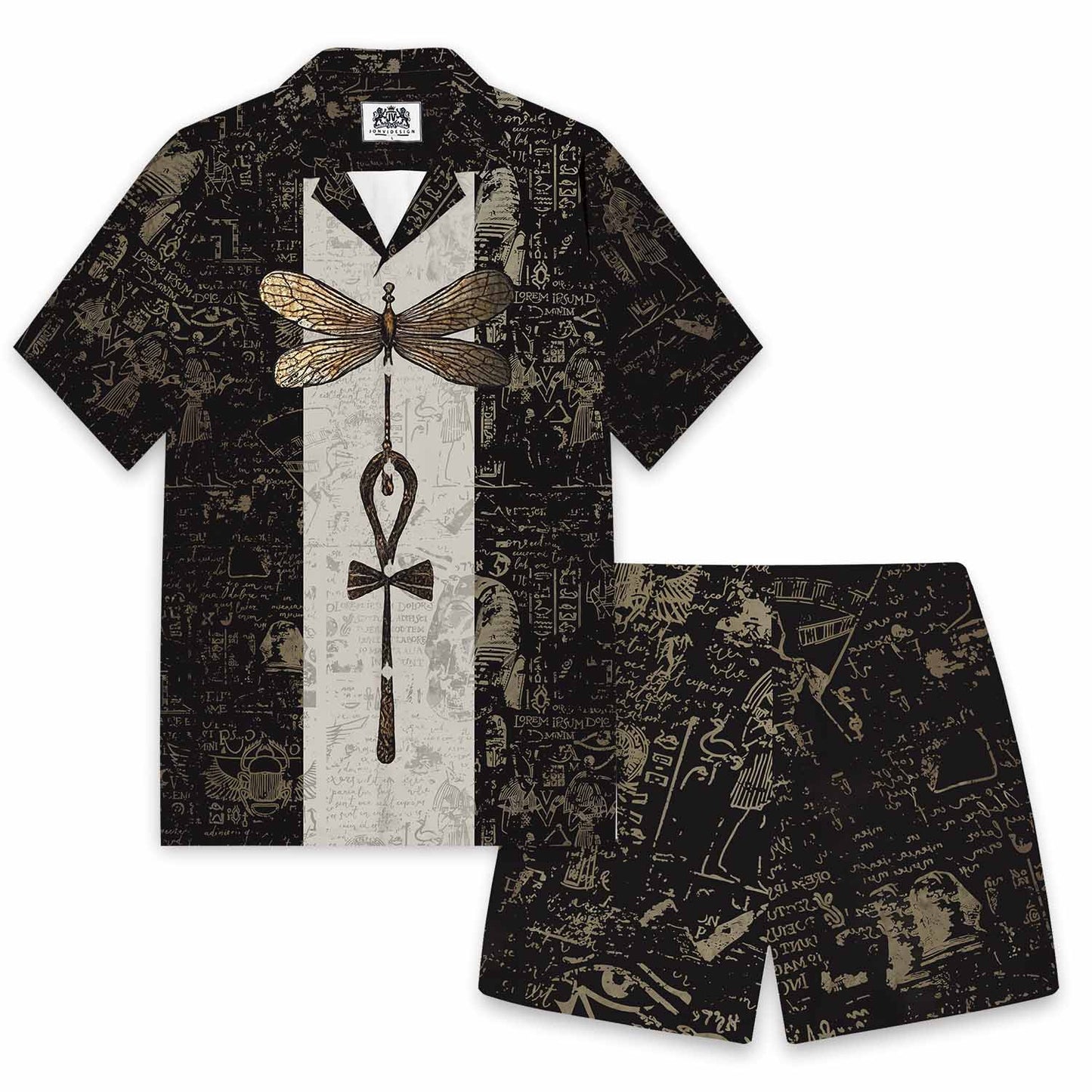 Vintage Egyptian Dragonfly Pattern Camp Collar Short Sleeve Shirt