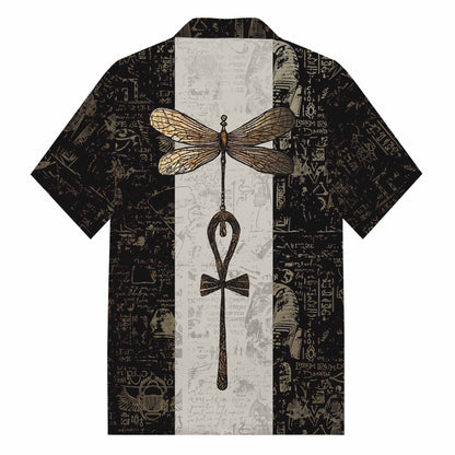 Vintage Egyptian Dragonfly Pattern Camp Collar Short Sleeve Shirt