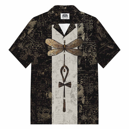 Vintage Egyptian Dragonfly Pattern Camp Collar Short Sleeve Shirt