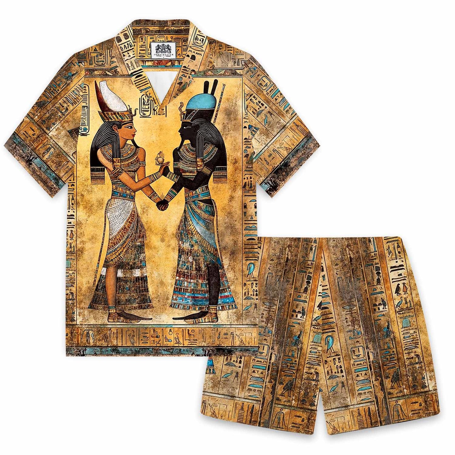 Vintage Egyptian Hieroglyphics & Goddess Isis Pattern Camping Collar Short-Sleeved Shirt